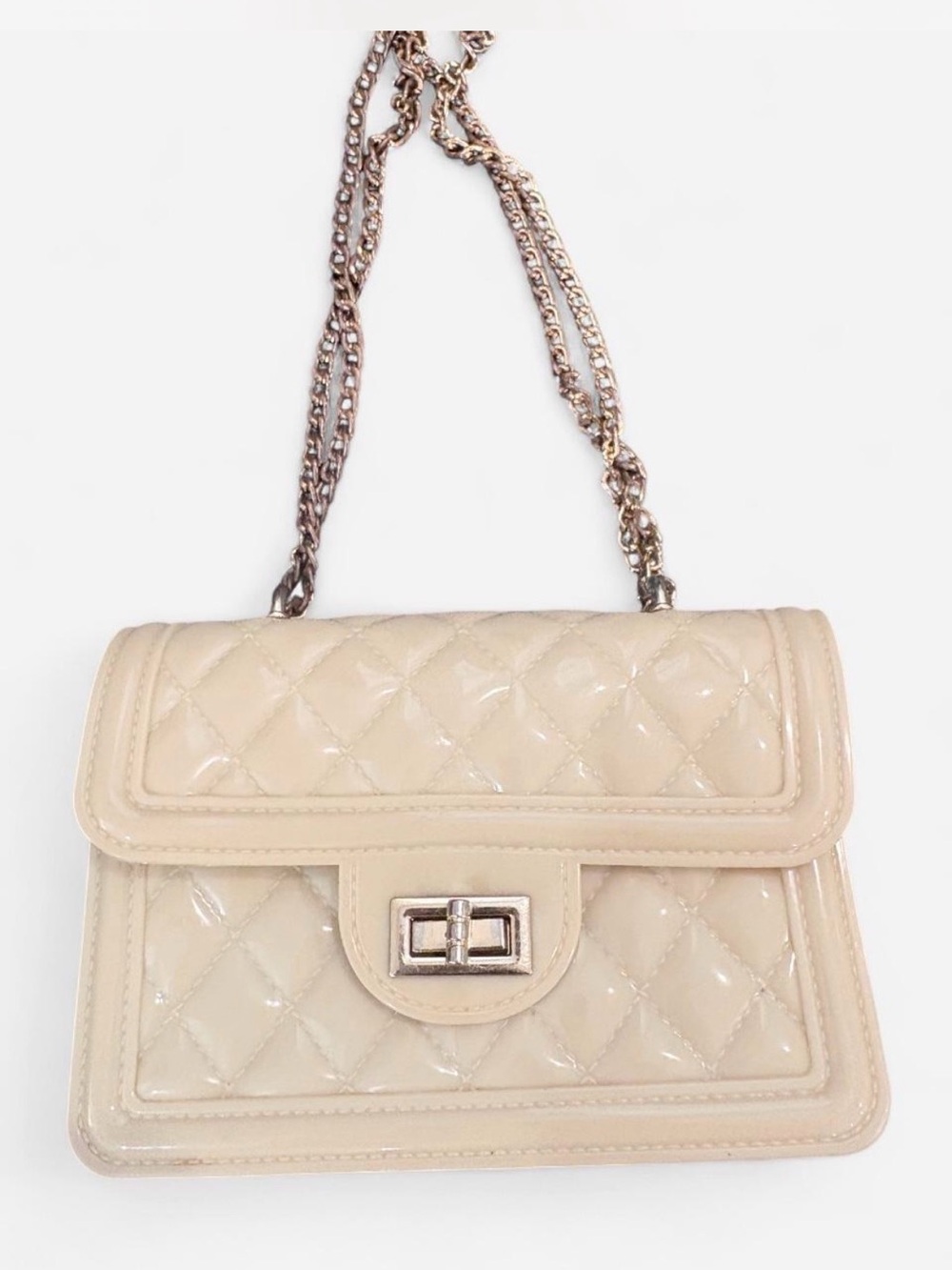 Source Unknown Cream Quilted Patent Shoulder Bag with Chain Strap